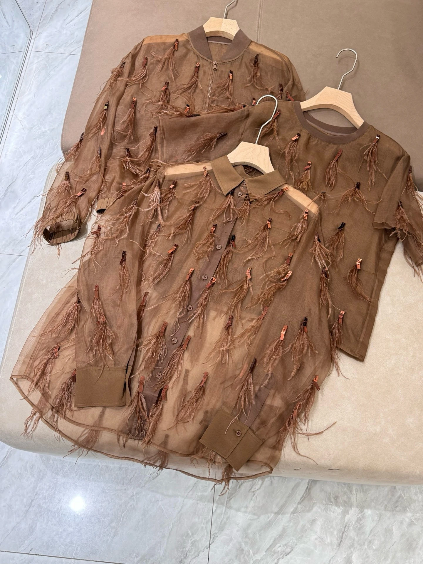 High Quality 2025 Summer Women's Shirt Silk Feather Beaded Transparent Long Sleeve Blouse