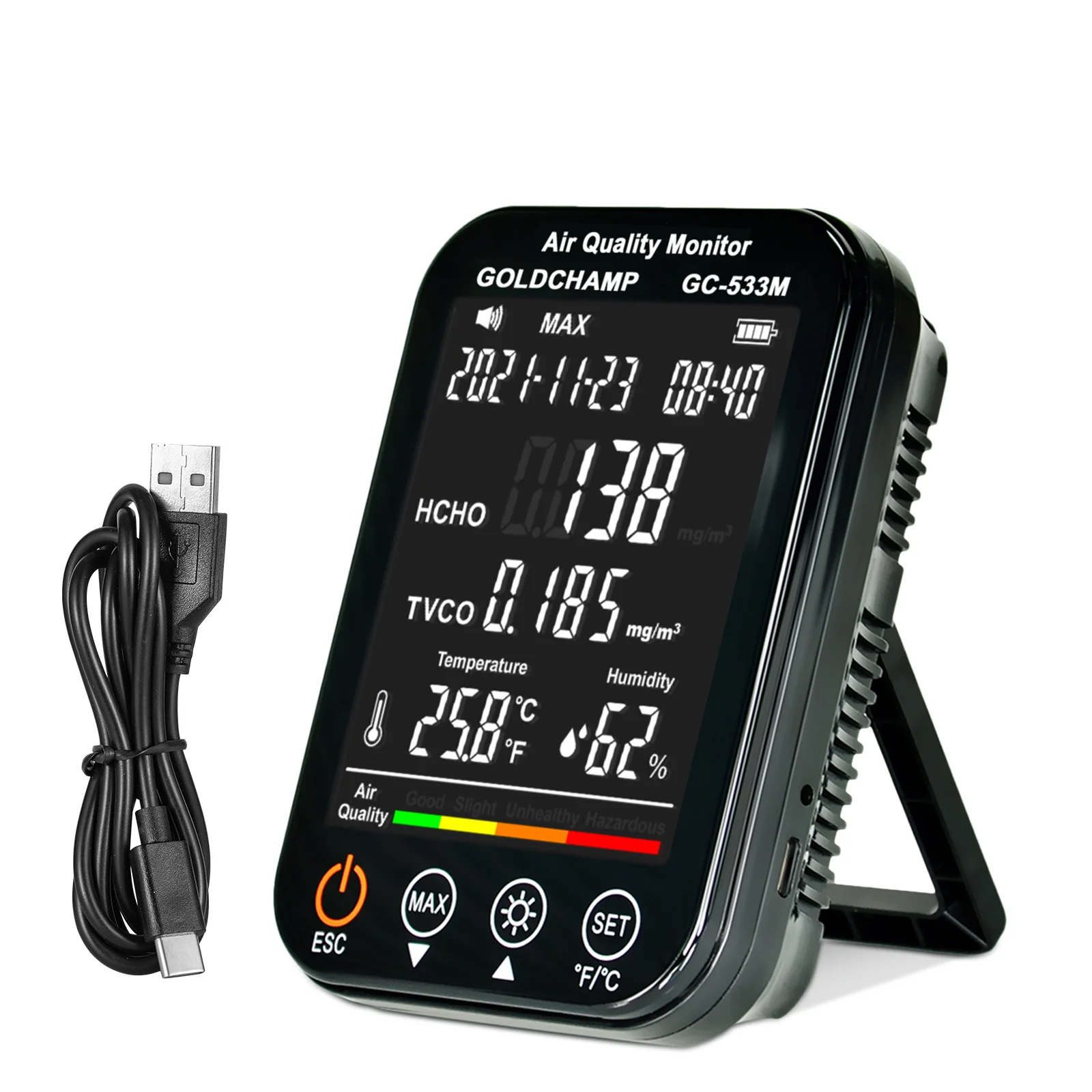 

Air Quality Monitor 4-in-1 Indoor Air Quality Monitor with HCHO, TVOC, Temperature (℃/℉) & Humidity Sensor Air Analyzer