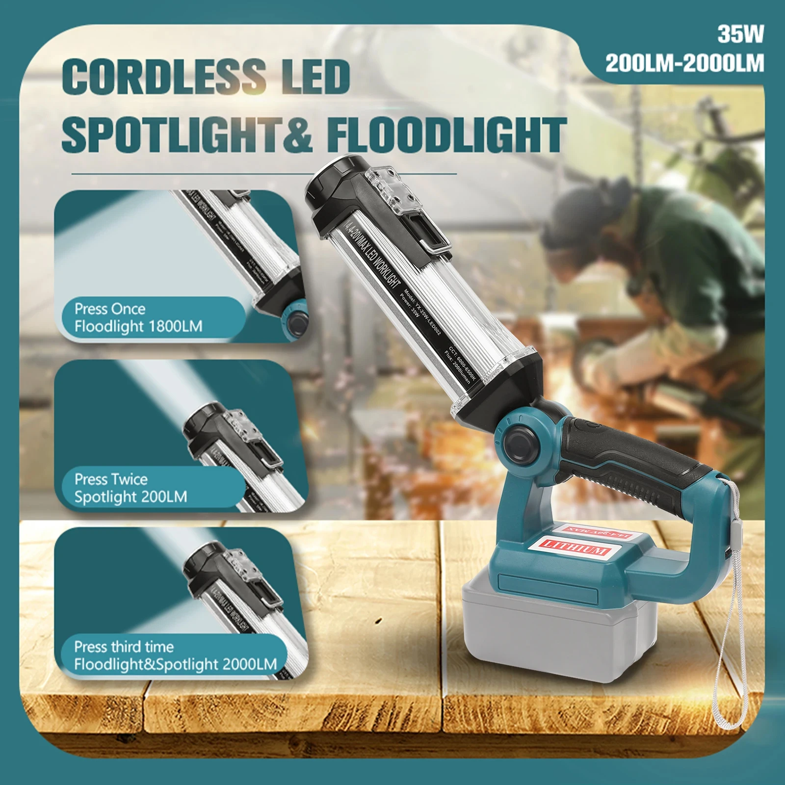 Luz de trabajo de 35W, 2000LM, para Makita, tipo Horizontal, 18V, con puerto USB, luz LED para exteriores