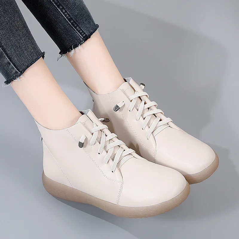 Women Female Mother Ladies Genuine Leather Boots Shoes Platform Lace Up Ankle Autumn Non Slip Soft British Style