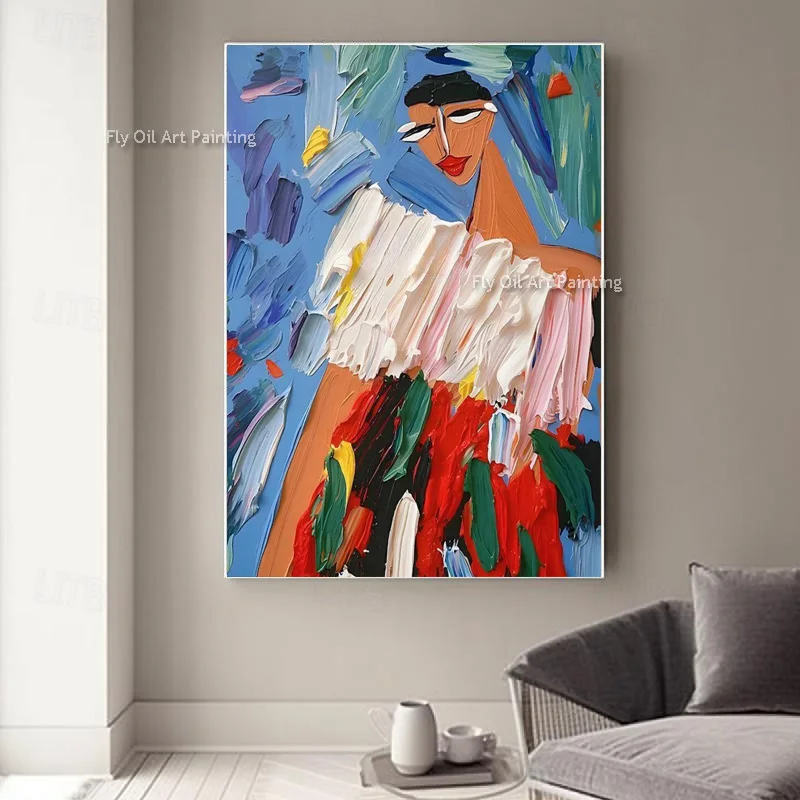 Contemporary Stylized Female Oil Painting Vibrant Blue Background Canvas Wall Art Handmade Textured Artwork