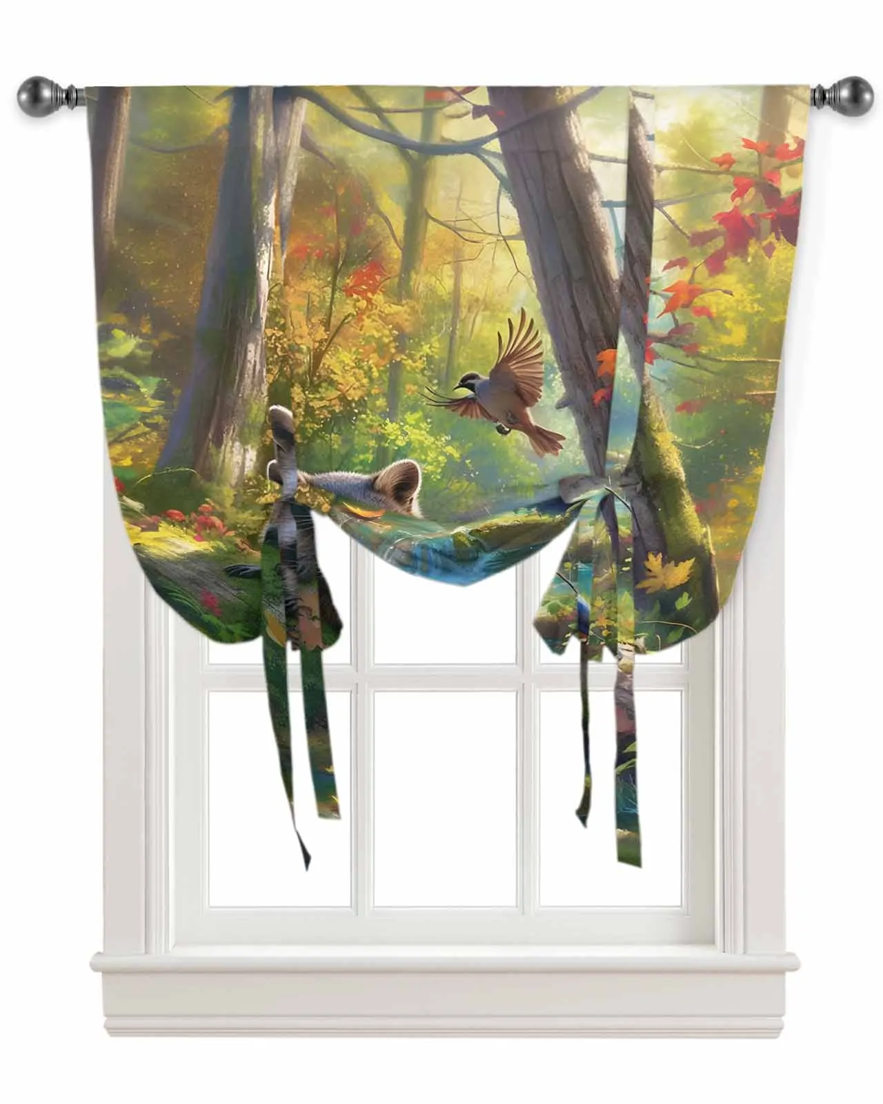 Bird Forest Stream Raccoon Window Curtain for Living Room Kitchen Tie-up Roman Curtain Home Decor Blinds Drapes