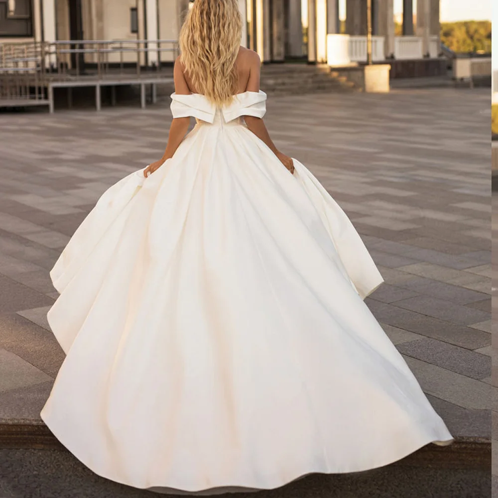 Elegant Wedding Dress Satin Off The Shoulder Side Slit A-Line Floor Length Sweep Train Custom Made To Measures Bridal Gowns