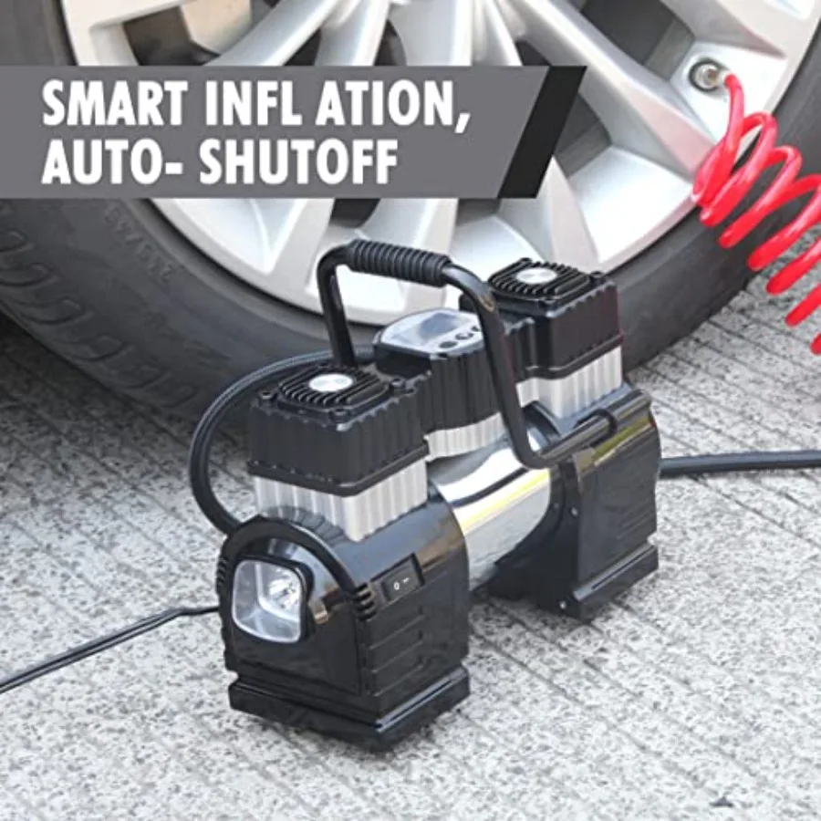 ضاغط هواء مزدوج الأسطوانة تيار مستمر 12 فولت للسيارة منفاخ إطارات محمول عالي التحمل مع ضوء LED مضخة إطارات 120 رطل لكل بوصة مربعة مثالية لـ #5