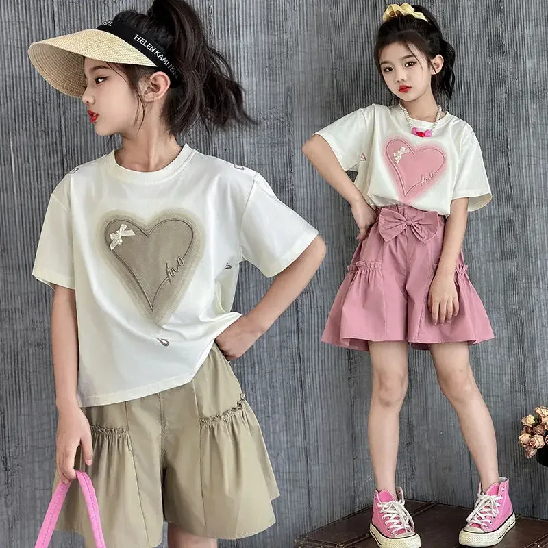 2026 New Summer Korean Style Girls Outfit Cute Heart Print T-shirt Bow Knot Pants Casual 2Pcs Clothing Set for 5-14Y Teen Kids