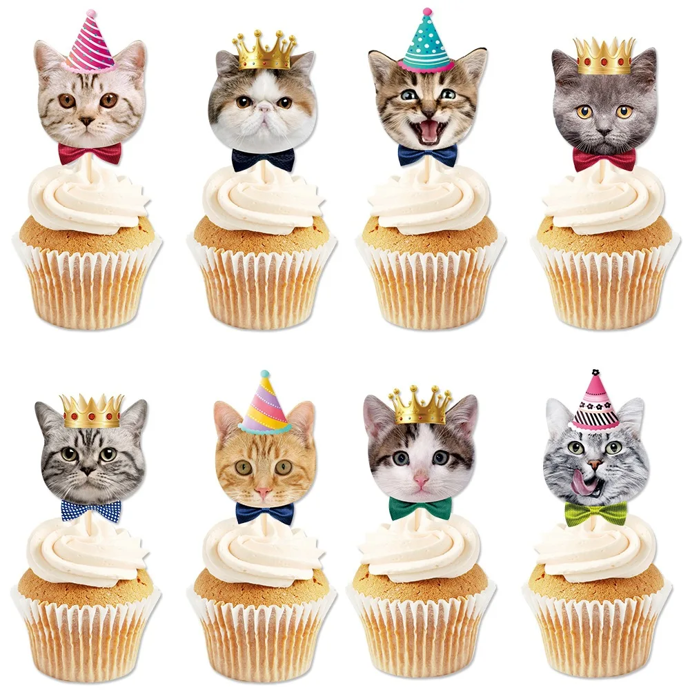 

8pcs Party Decoration Cute Cat Face Insert Card Non Toxic Disposable Cat Cupcake Toppers Single Side DIY Cake Flag