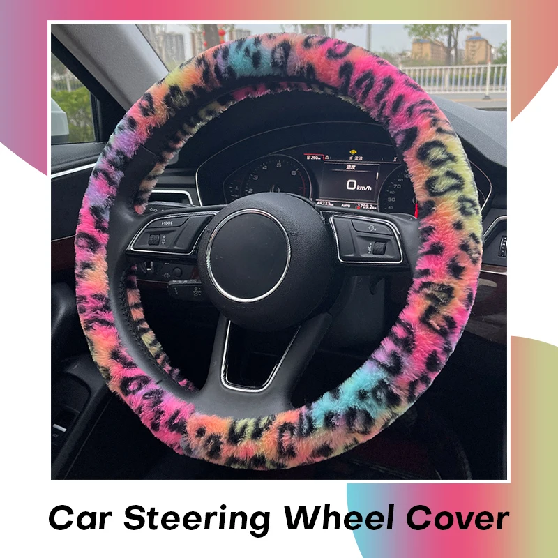 Universal Plush Car Steering Wheel Cover Fashion Interior Tie-dye Pink Leopard Print Anti-slip Handle Covers Women Car Styling