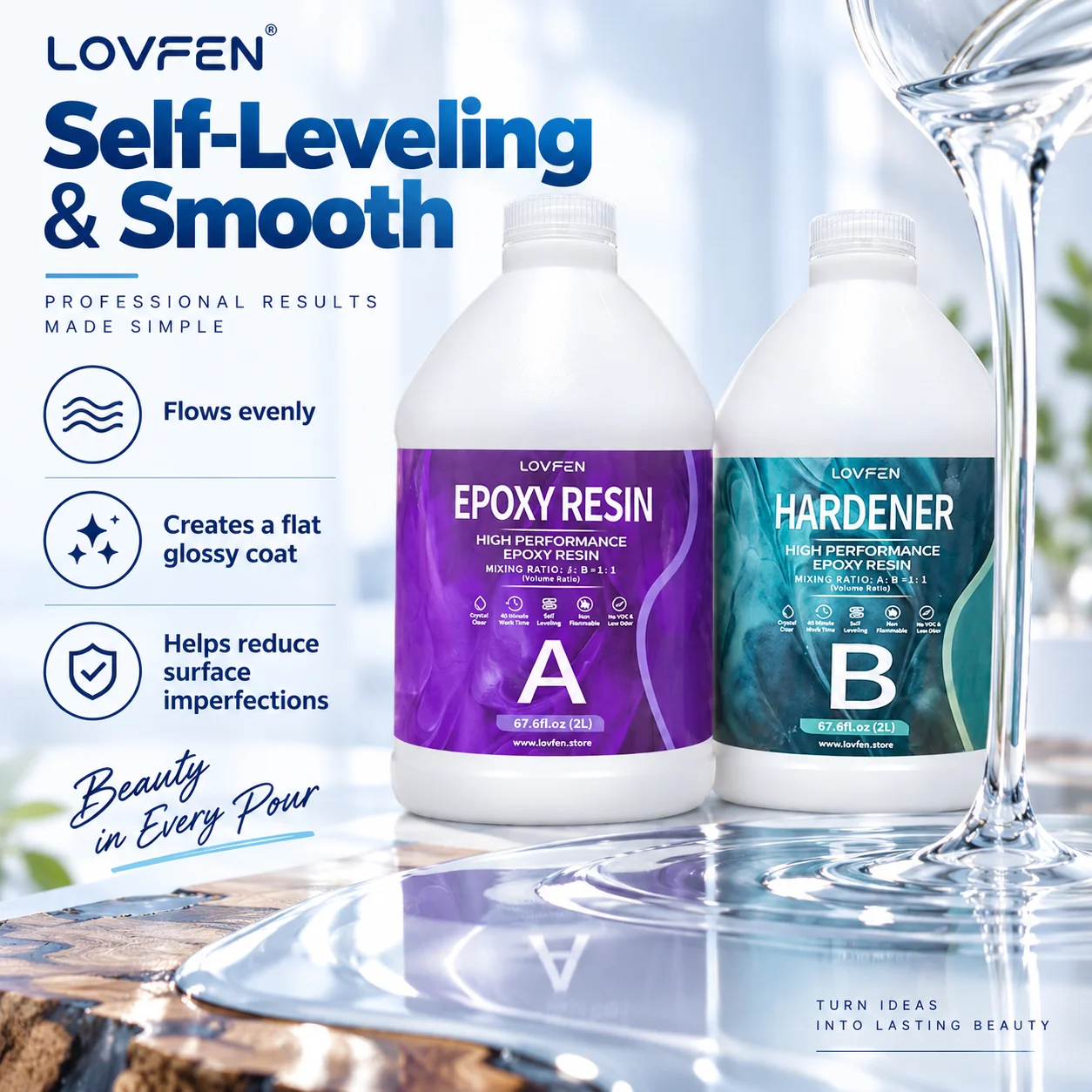 LOVFEN Epoxy Resin 4L Kit A B 1:1 Volume Ratio Crystal Clear Self Leveling Low Odor for Art Craft Jewelry Casting Mold