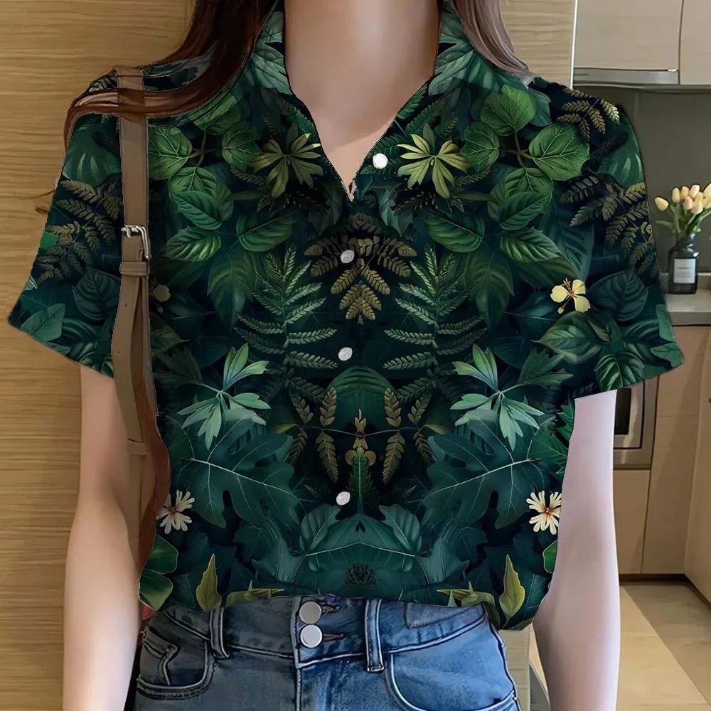 Damen-Hemden, tropische Pflanzenblätter, 3D-gedrucktes hawaiianisches Kurzarm-Strandhemd mit Knöpfen, Sommer, lässige Streetwear, weibliche Blusen