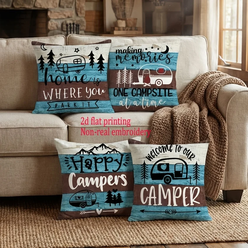 Farmhouse Happy Camping Kissenbezug, Willkommen in unserem Campervan-Print-Kissenbezug, Wohnmobil- und Heimdekoration