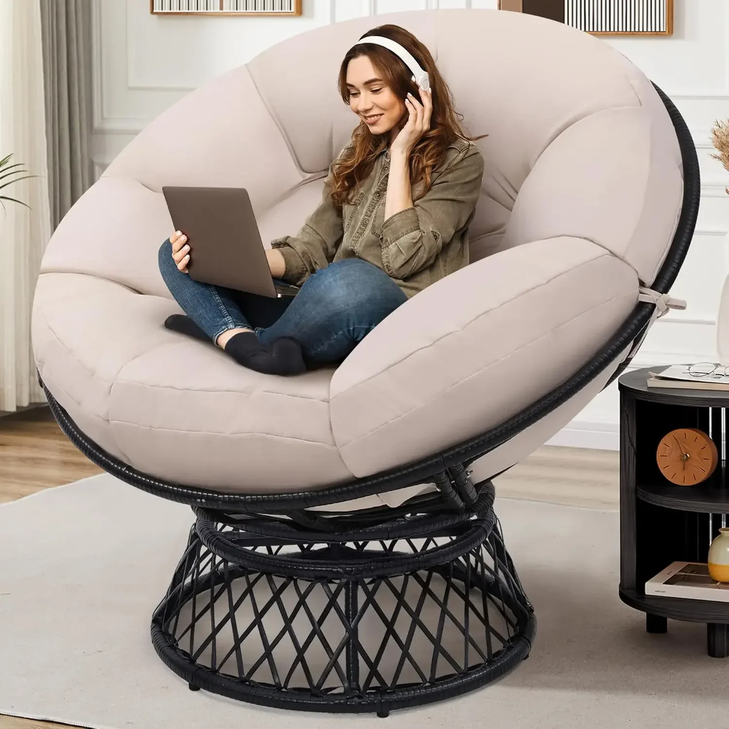 

44-дюймовый гигантский большой стул Papasan из ротанга с подушкой и каркасом для взрослых, жидкость 360 градусов ° Поворотная, водонепроницаемая, черная рамка