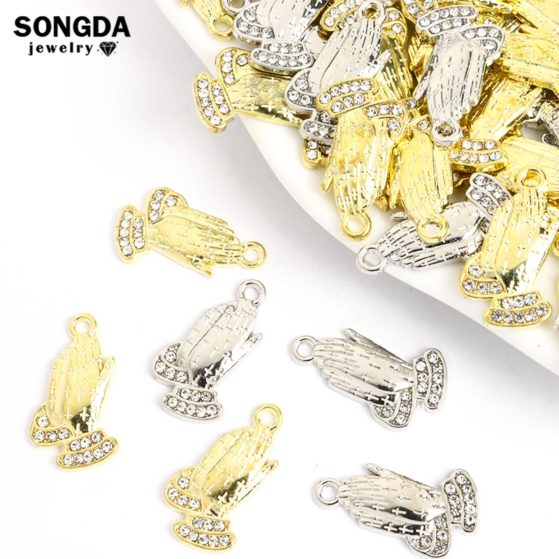 10pcs Crystals Praying Hands Charms Gold Silver Color Namaste Alloy Pendant DIY Necklace Bracelet Handmade Religious Accessories