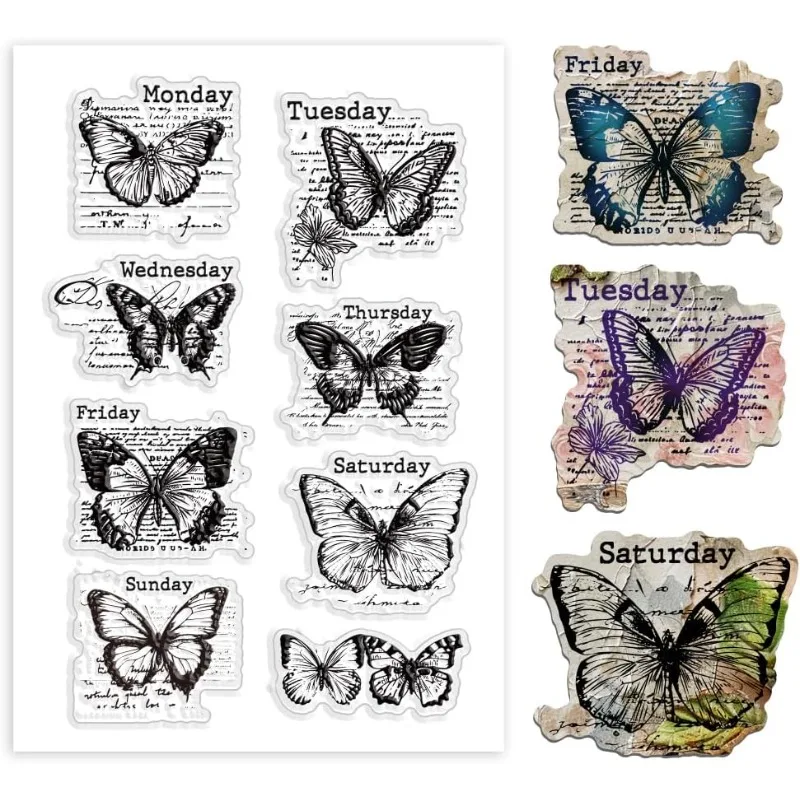 1 Blatt Schmetterling Clear Stamps Vintage Week Label Silikonstempel Transparente Siegelstempel Stempel für die Papierhandwerk