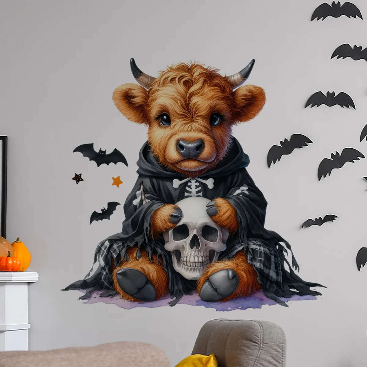 

Halloween Cow Skull Wall Decals - Cute Cartoon Bats & Bones for Spooky Room Decor