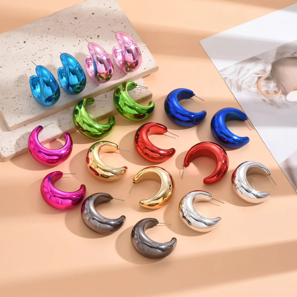 Glossy C Shape Earrings Lightweight Fashion Acrylic Metallic Color Circle Chunky Hoop Earrings for Women Girls Geometric Jewelry