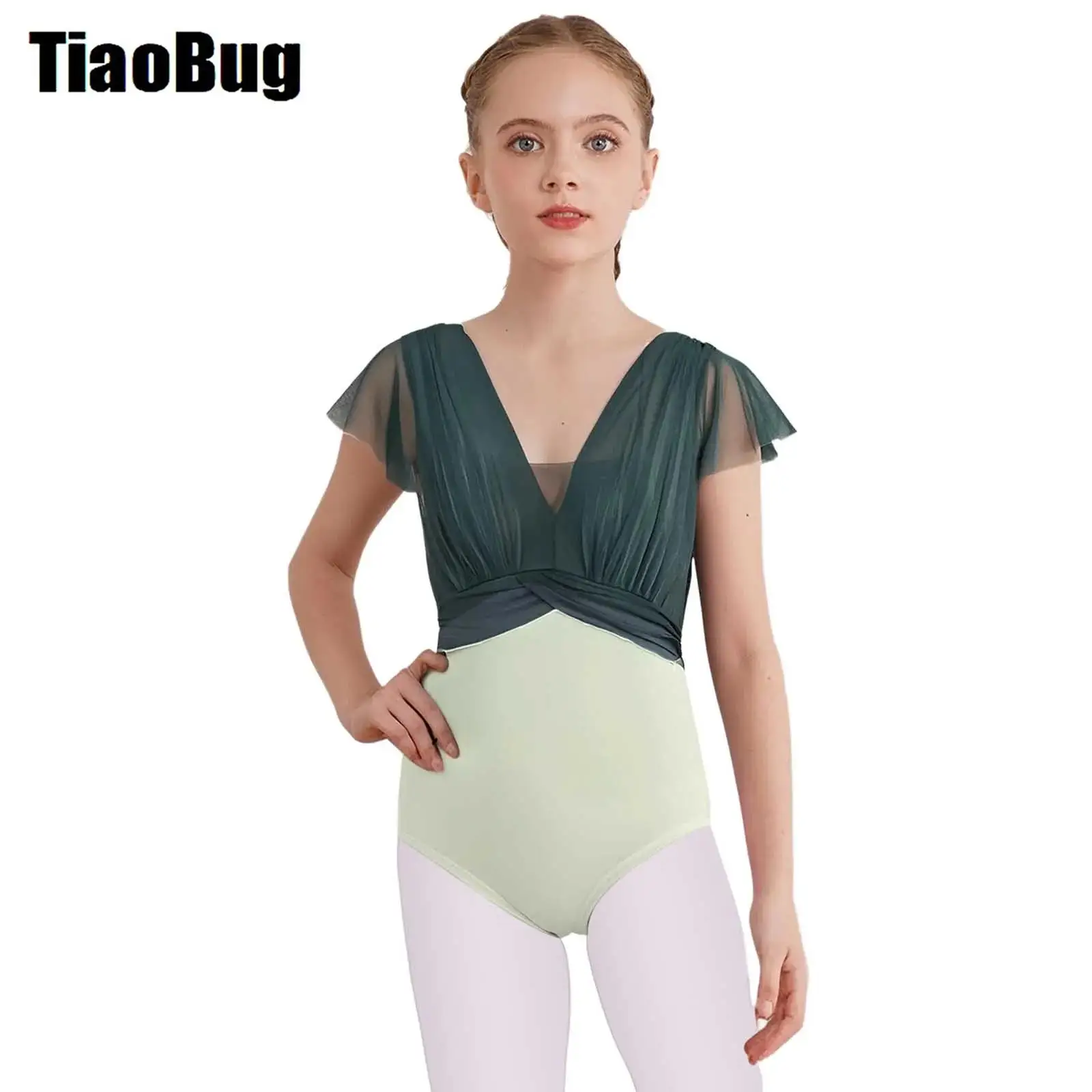 

Girls Ruffled Sleeves Ballet Leotards Sheer Mesh Overlay Bodice Bodysuit Ballerina Practice Performance Gymnastics Workout Wear