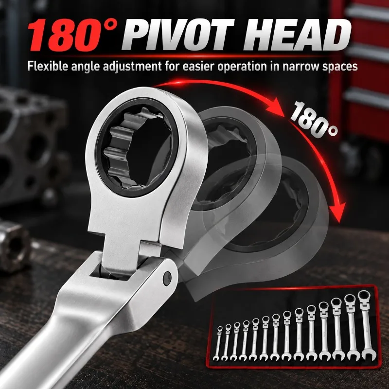 12PCS 8-19mm Flex Head Ratcheting Wrench Set, CR-V Steel 72-Tooth Combination Spanner Kit with Roll-Up Pouch for Auto Repair