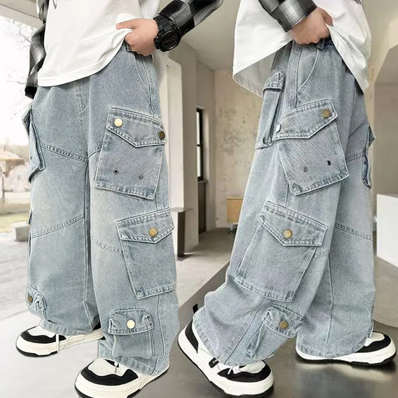 Boys Casual Cargo Jeans with Multi Pocket Preppy Loose Style Teenage Child Denim Pants High Fashion Kids Trousers Sweatpants