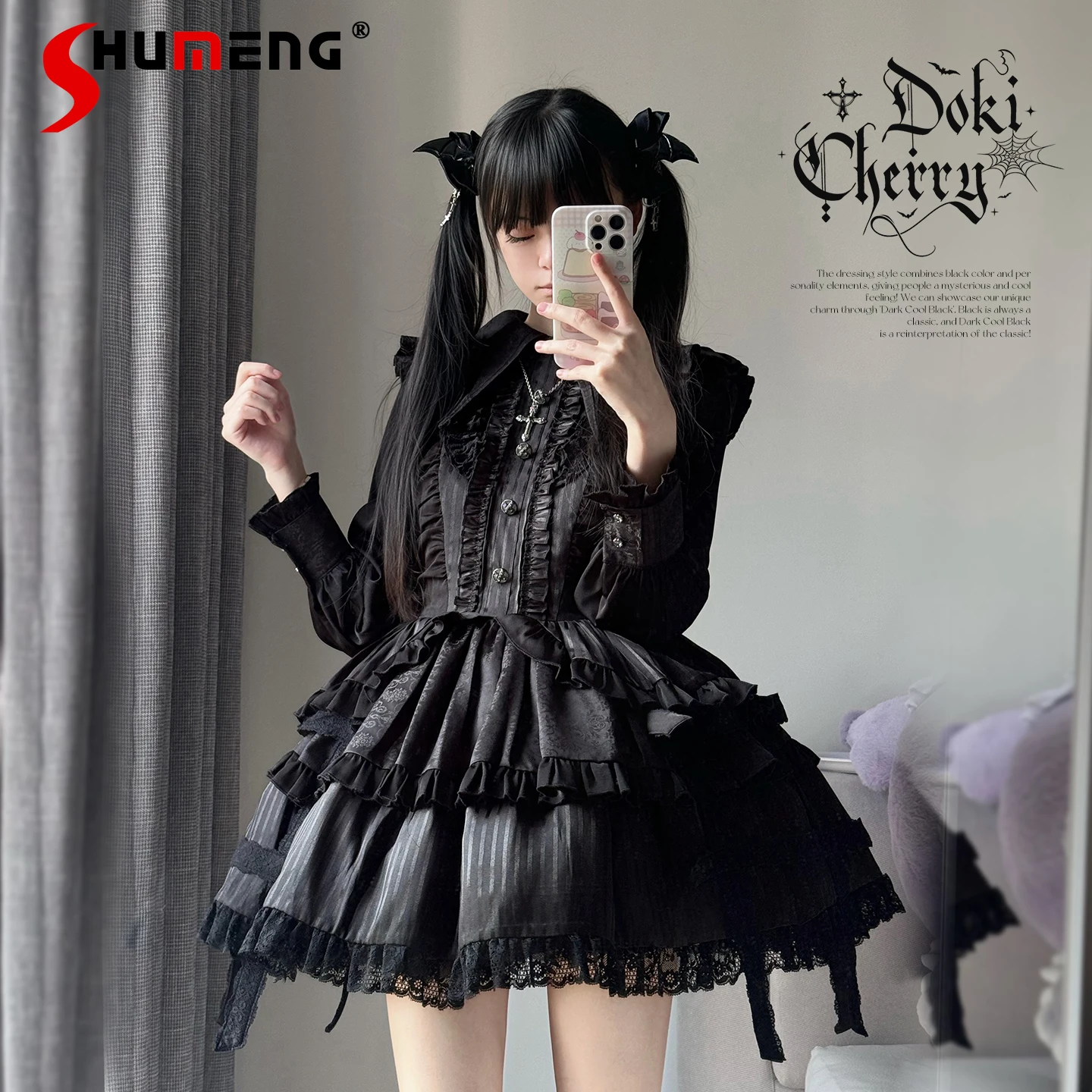 

Original Subculture Gothic Dark Lolita Long Sleeve Dress OP Autumn Winter New Girl's Sweet Cool Batwing Collar Lace Cos Dresses