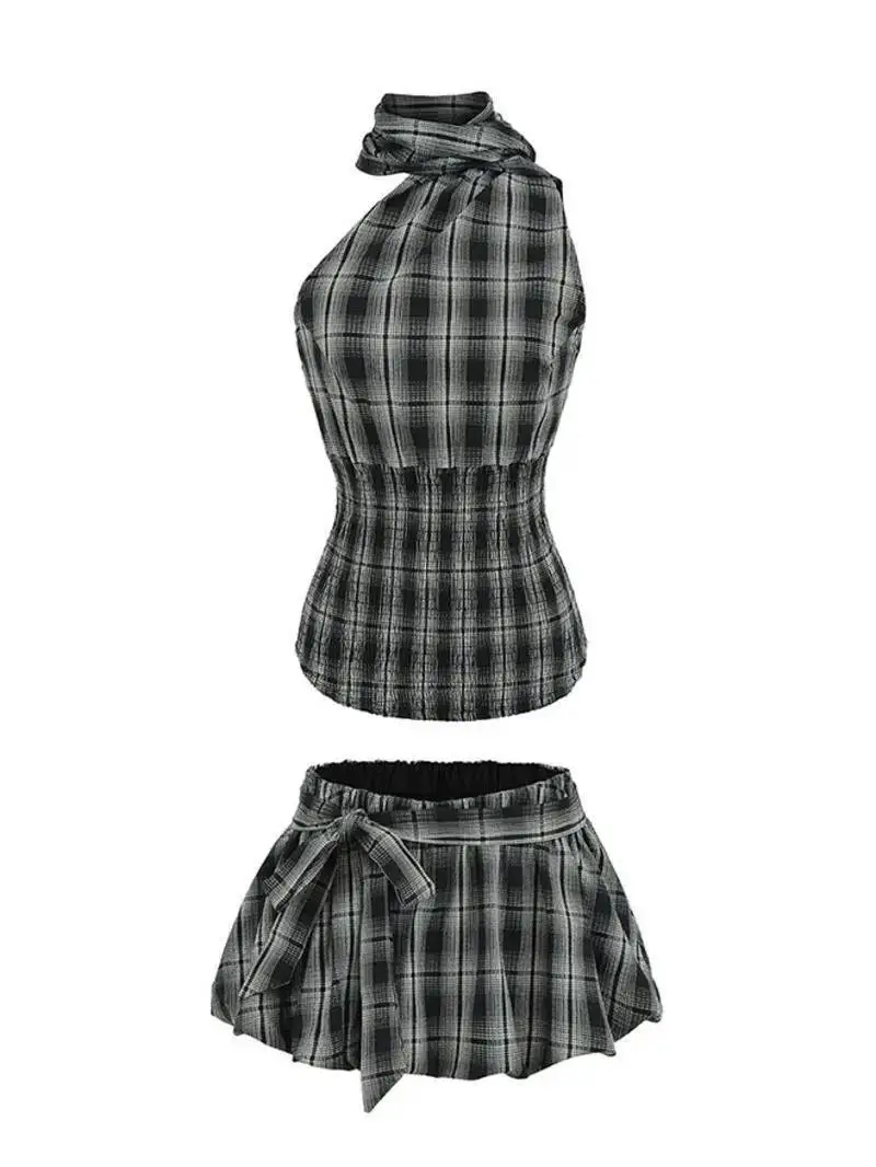 Kawaii Plaid/Dots Print Backless Halter Crop Camis Tops + Low Waist Bubble Mini Skirt Vintage 2 Piece Set Women Y2k Outfits PMB9