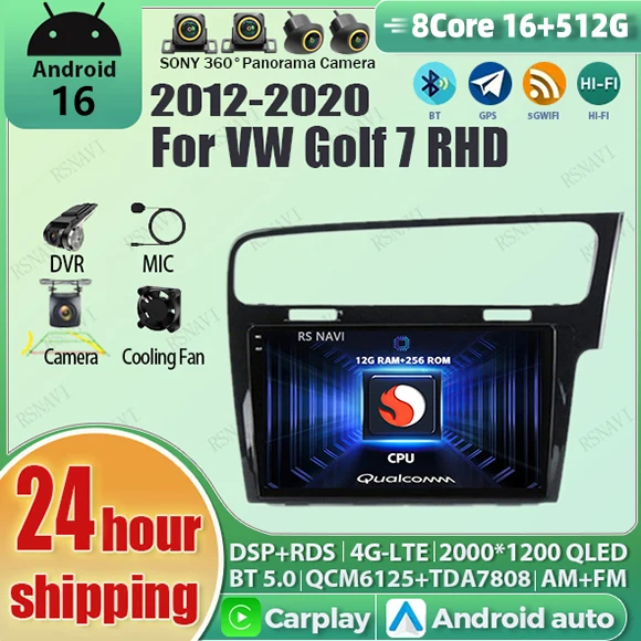 Radio para Auto Android 16 para Volkswagen VW Golf 7 MK7 GTI 2012-2021 con Volante a la Derecha (RHD), Carplay, Android Auto, Reproductor de Video Estéreo, Bluetooth