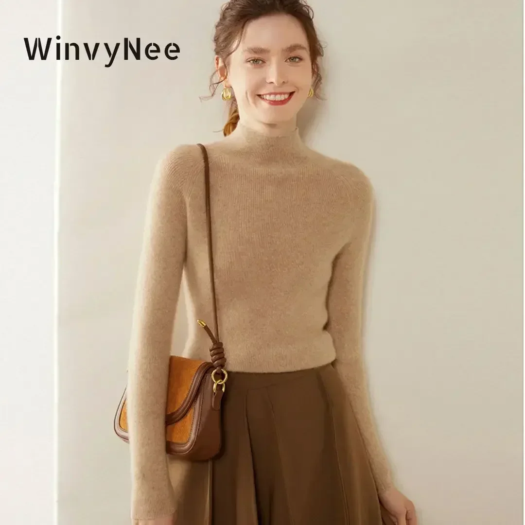 WinvyNee Women Cashmere Sweater Mock Neck Slim Merino Wool Causal Clothing Solid Knitted Tops Jumpers Pullovers Autumn A1174006