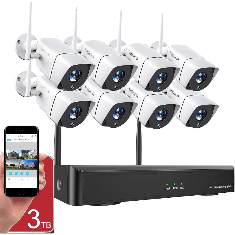 8CH Wireless NVR System with 8 pcs 1080P HD Security Camera and 3TB Hard Drive Pre-Installed,P2P Wireless