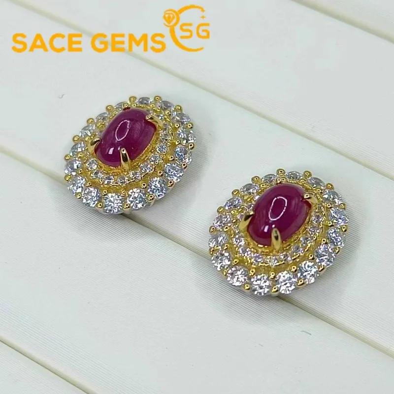 

SACE GEMS Fashion Jewelry Earrings for Women 925 Sterling Silver 4*6MM Natural Ruby Stud Earrings Wedding Party Fine Jewelry