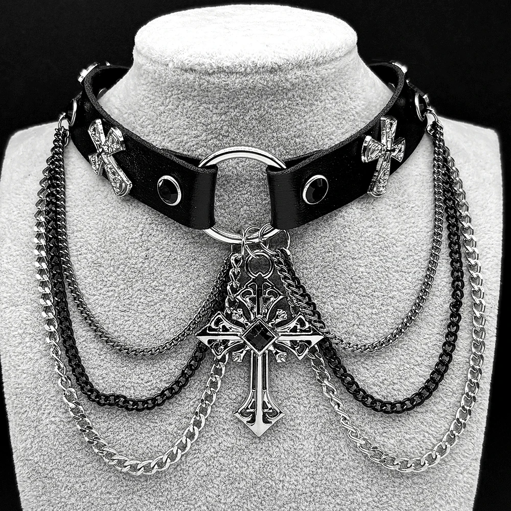 Gothic Punk Cross Multi-Layer Chain Pu Leather Choker Necklace for Women Men Alloy Silver Color Catholic Jewelry Gift