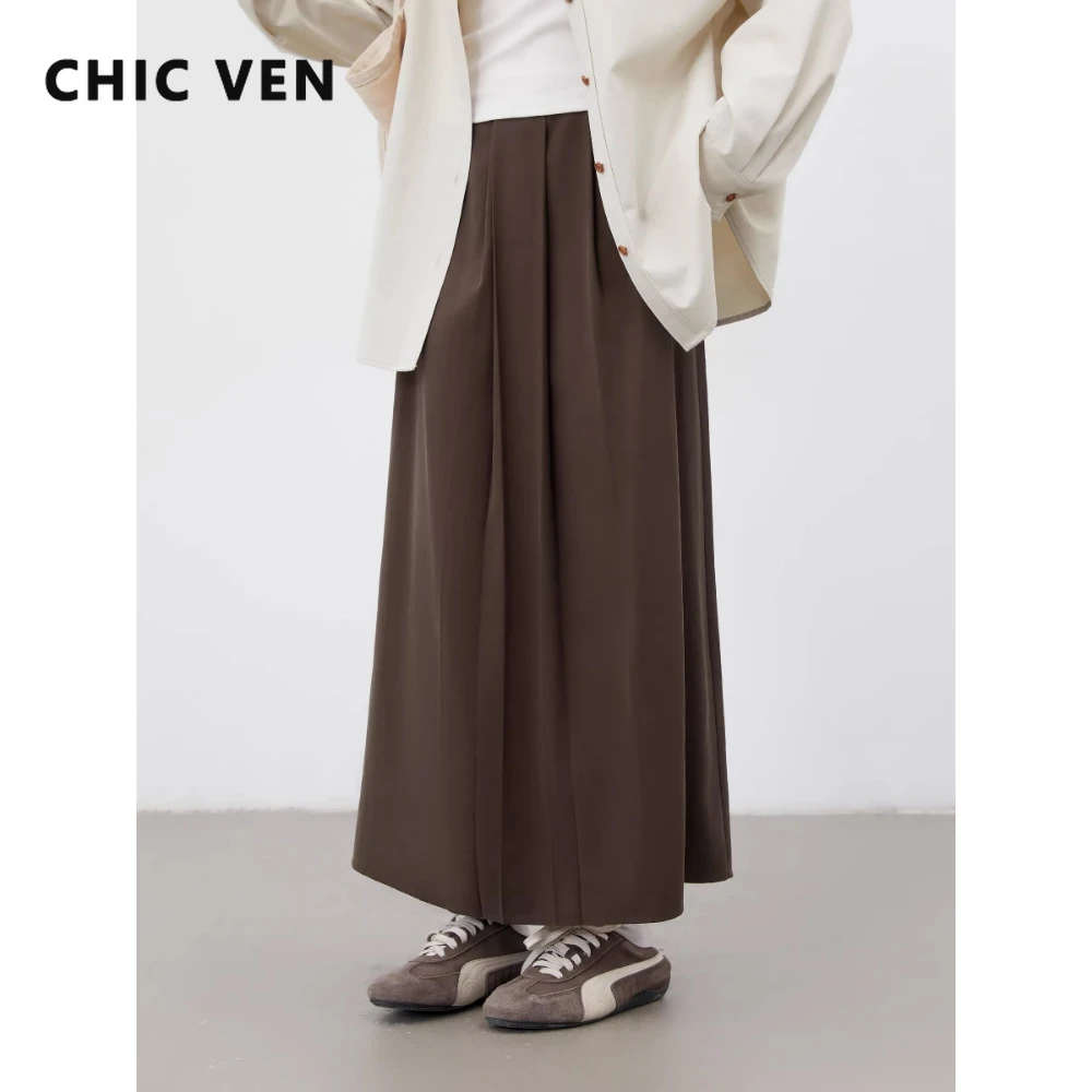 CHIC VEN Fashion Women Long Skirts Solid High Waist Loose Casual Office Ladies Hanging Half Length Skirt Spring Autumn 2026