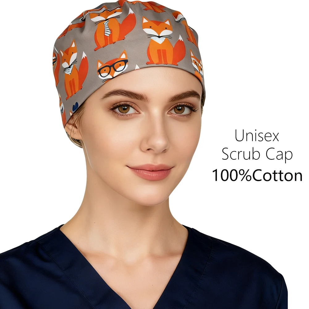 Оптовая продажа, медицинские шапки-скрабы для врачей, унисекс, 100% хлопок, шапка-скраб с принтом лисы, шапки для медсестер для женщин, аксессуары для медсестер