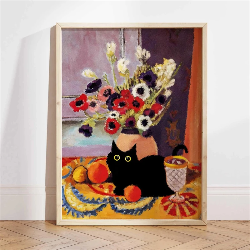 Black Cat Water Lily Art Print Funny Monet Style Poster Canvas Painting Whimsical Wall Art Picture for Home Decoration