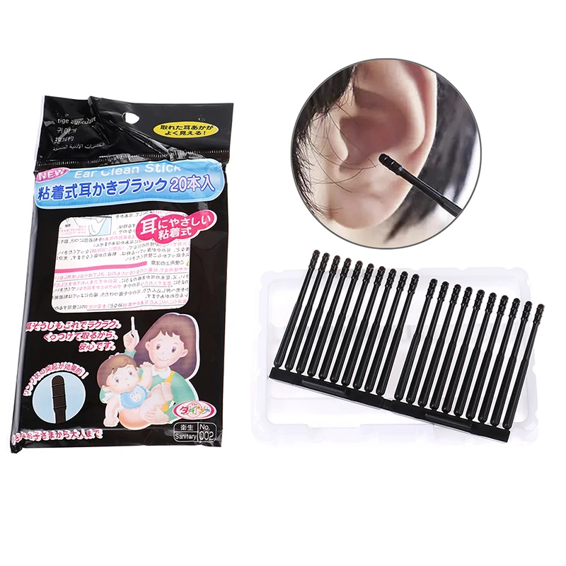 20Pcs/Pack Ear Swabs Pick Spiral Tips Black Disposable Sticky Wax Removal Remover Tool Kit Nasal Cleaner Stick Portable