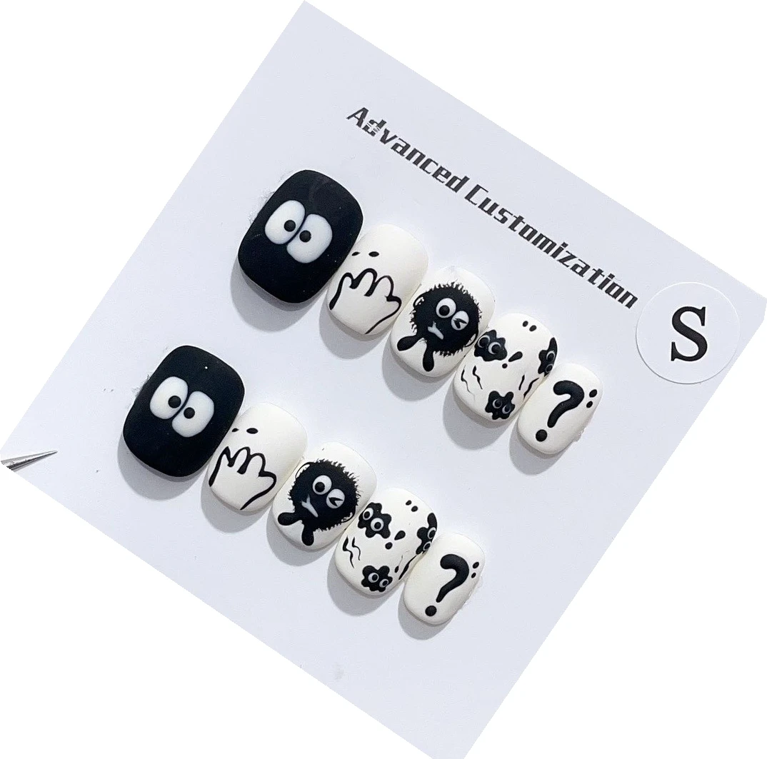 Emmabeauty Handmade Press On Nails Little Coal Ball Short Cute with Removable and White Design for Lovely and Sweet Style.24576