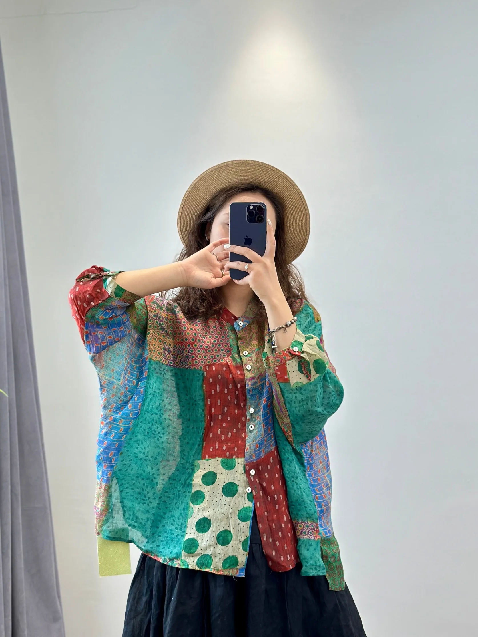 

Summer New Loose Fit Silk Women's irt Vintage Patchwork Flower Personali Korean Sle Long Sve round Ne