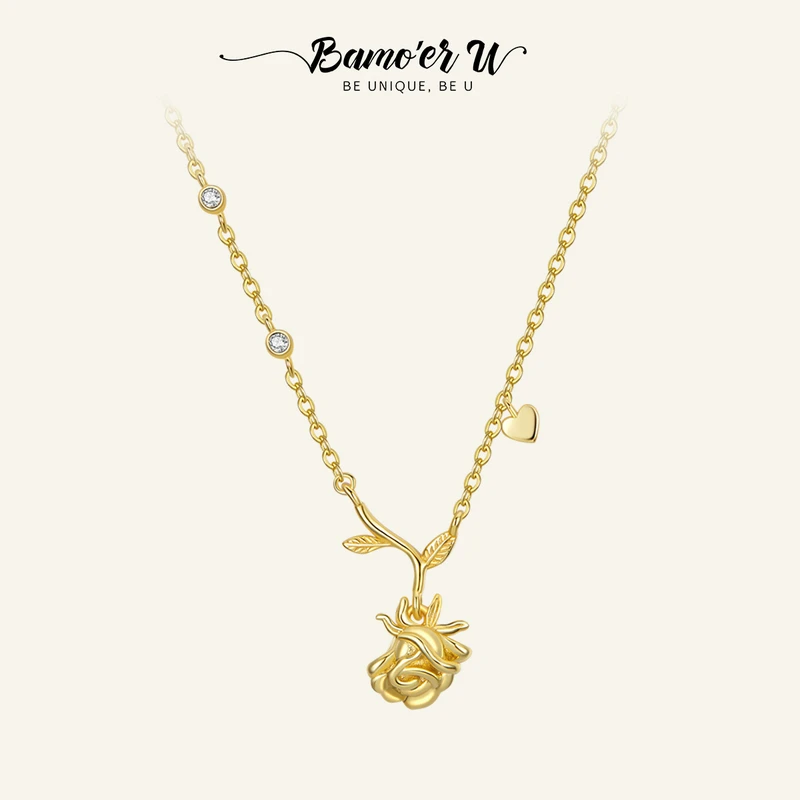 BAMOER U 925 Sterling Silver Little Prince Rose Flower Pendant Necklace Plated Gold for Women Girl Original Fine Party Jewelry