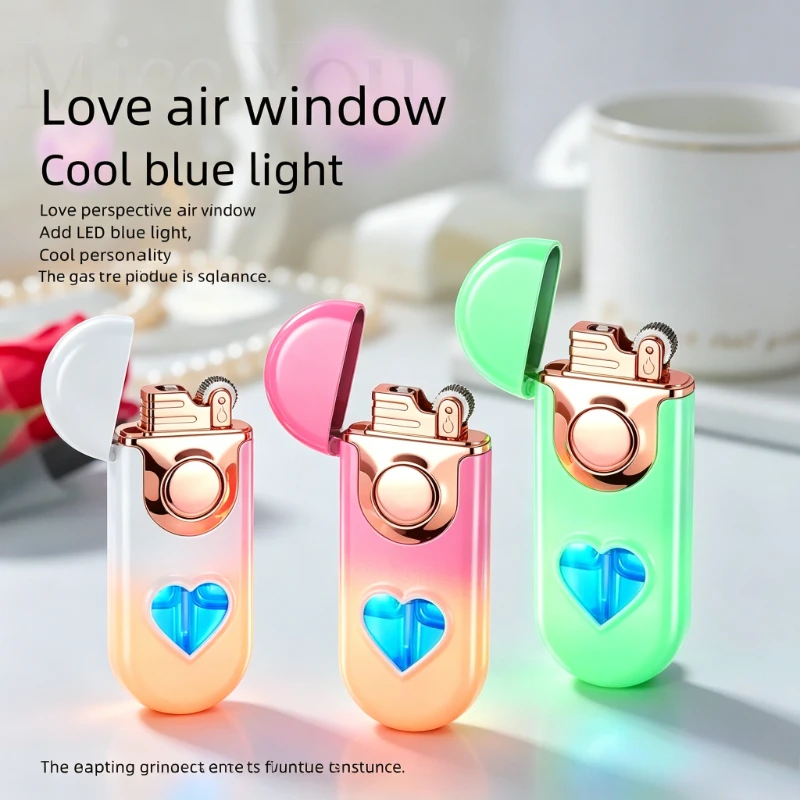 

New Stylish Heart Design Flame Lighter, Blue LED Decor , Inflatable Butane Grinding Wheel Ignition Daily Practical Accessory