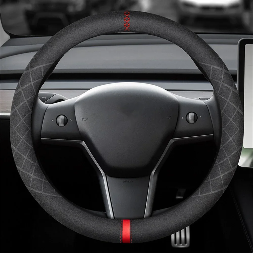 Auto-Lenkradbezug aus Wildleder, 38 cm, rutschfest, atmungsaktiv, universell einsetzbar, Kalibrierungsmarkierung, Autozubehör für Tesla. – Detail 16