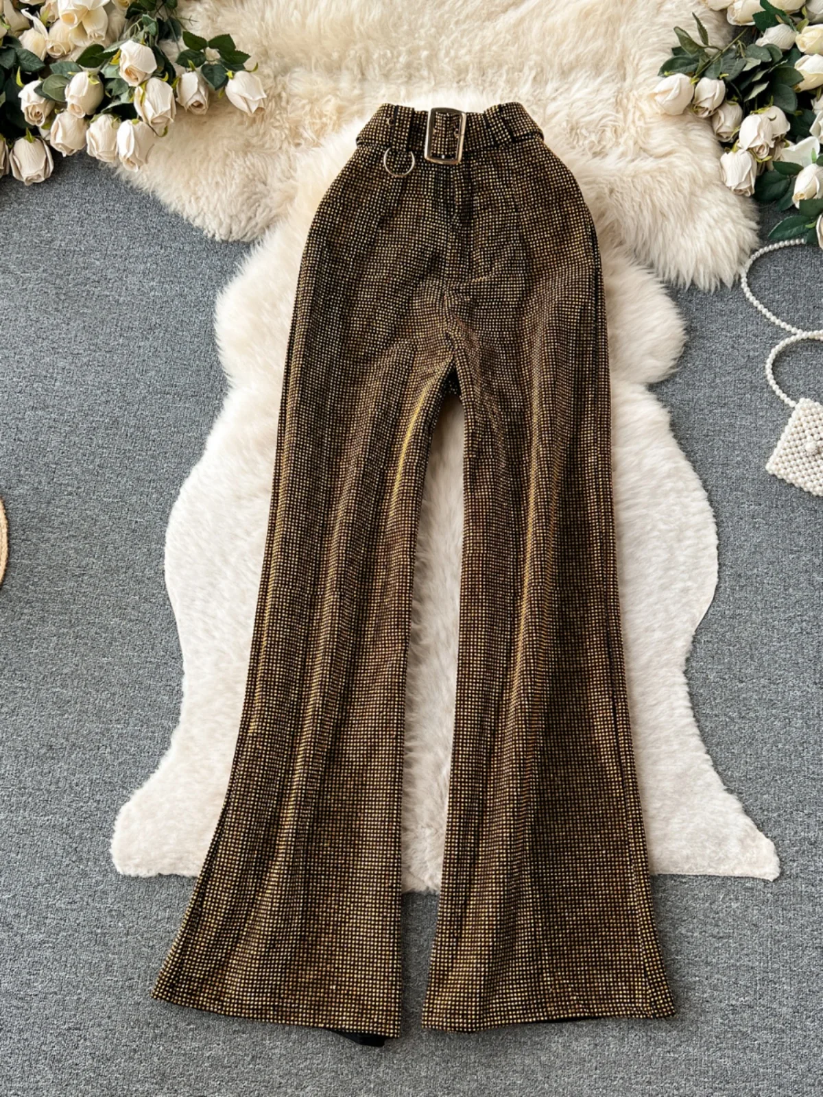 Vintage Flared Long Pants Women's Loose Fitting Slimming Drapey Wide Leg Floor Length Diamond Embellished Casual Trousers