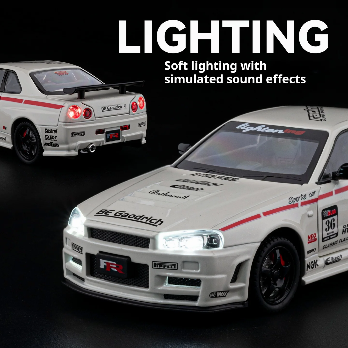 

1/24 GT-R R34 Skyline LBWK Simulation Alloy Classic Sports Car Modified Version Super Car Model Desktop Decoration Light & Sound