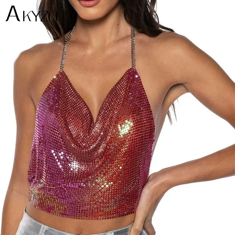 Sexy Metal Sequins Tank Top For Women 2023 Summer V Neck Backless Crop Tops Luxury Solid Short Party Nightclub Tank Tops