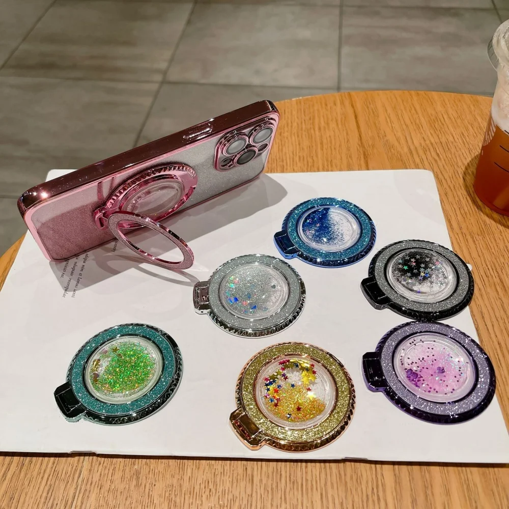 Fashion Liquid Glitter Bling Quicksand Plating Finger Ring Holder Mobile Phone Stand 360 Rotating For IPhone 16 Xiaomi Samsung