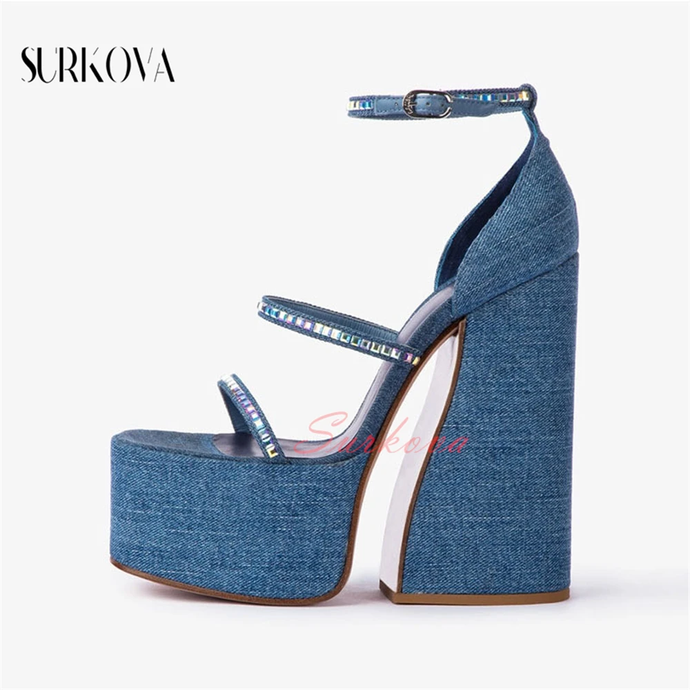 Dark Blue Denim Platform Block Heel Sandals Narrow Band Colored Square Rhinestone Fashion Sandals Summer Women Open Toe Sandals