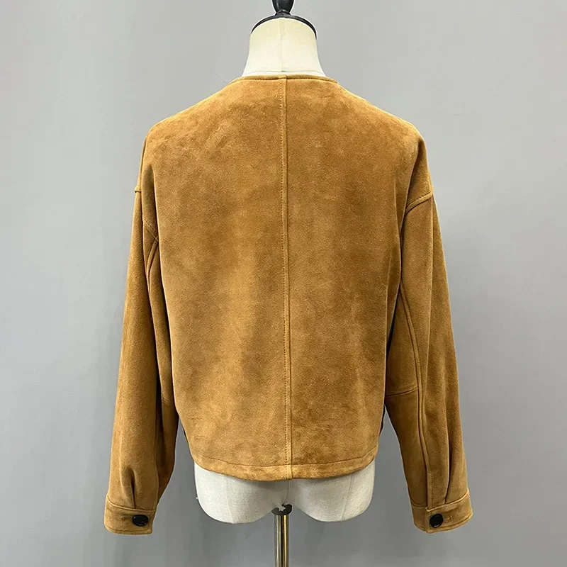 Hot Sale New Lady Autumn Fashion brand Leather Jacket Long Sleeve O-neck Short Outwear Sheepskin Natural Suede Coat