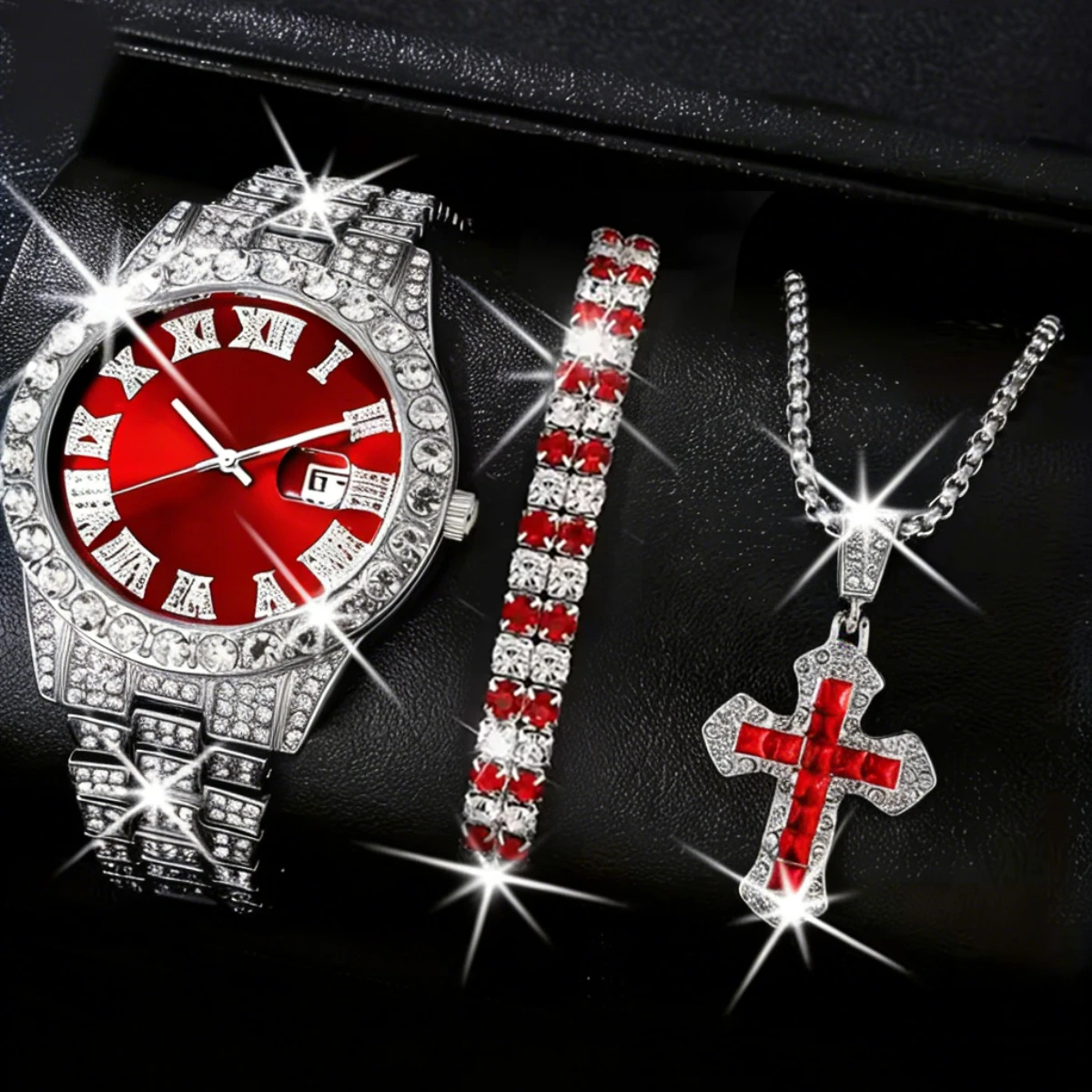Red inlaid cross pendant necklace quartz watch jewelry set - matching bracelet and alloy strap fashionable hip-hop trend watch