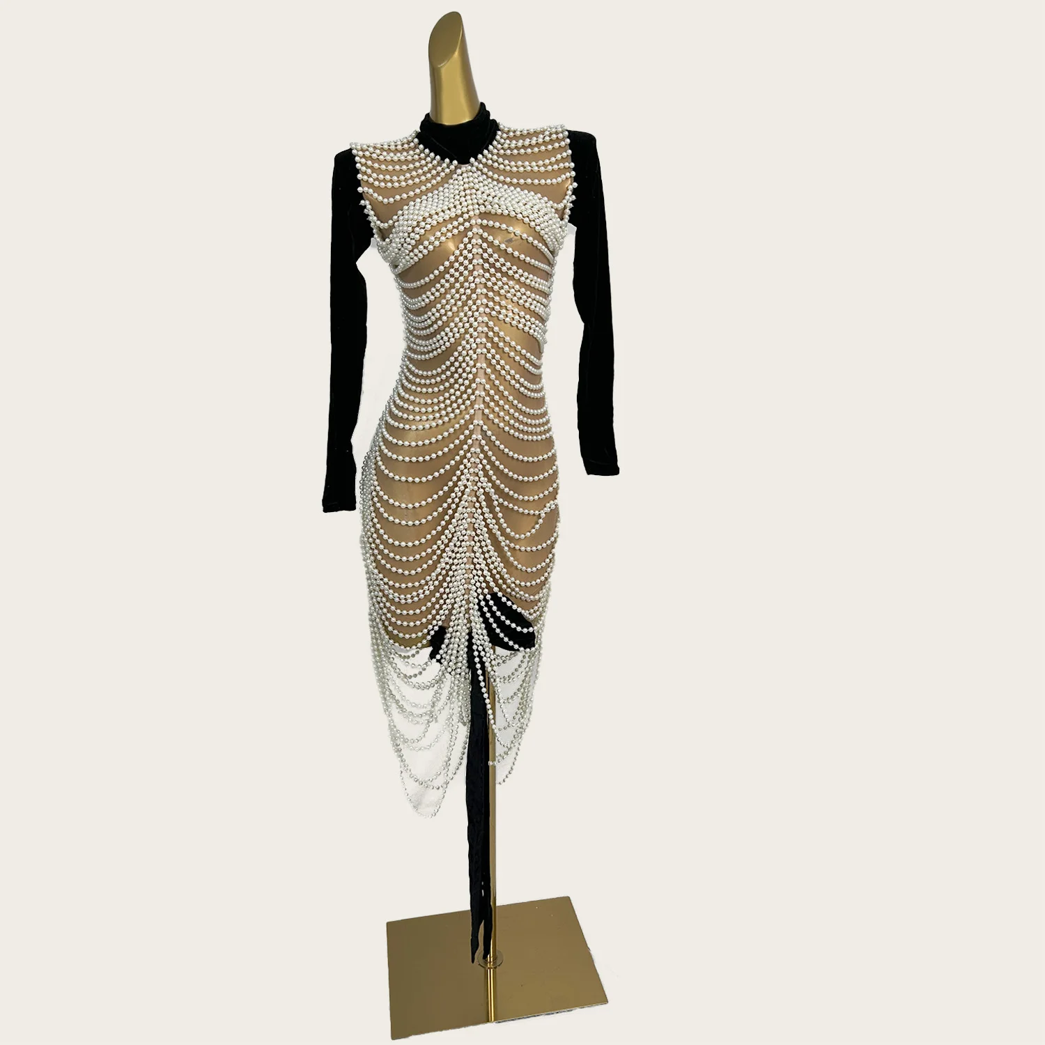 

Birthday Celebrate Party Women Photo Shoot Wear Prom Full White Pearls Mini Dress Sexy See Through Mesh Short Dress Aotuzhenzhu