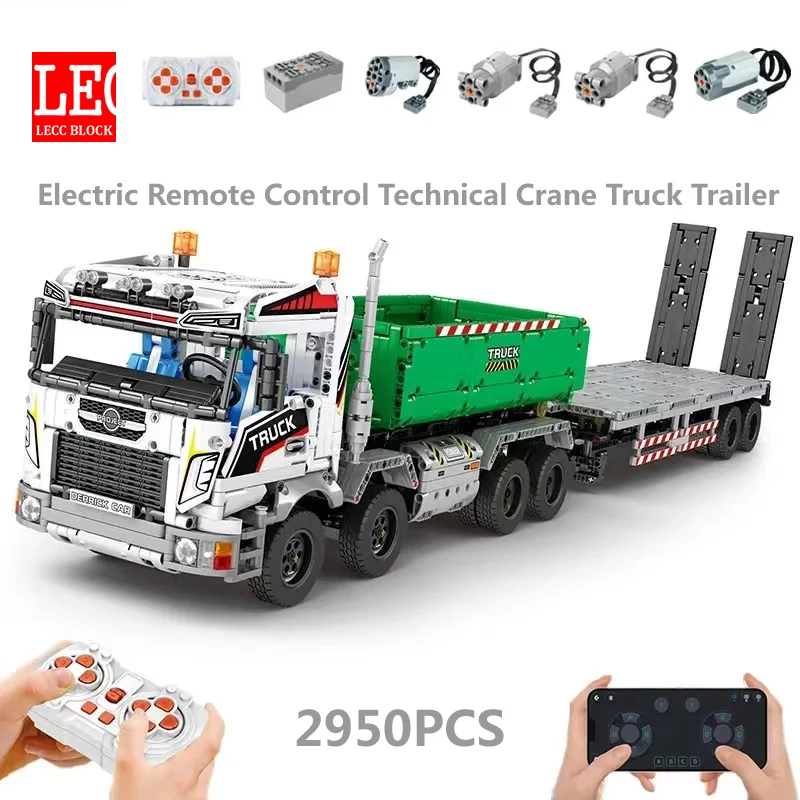 Technical  Electric Remote Control Crane Truck Trailer Building Blocks MOC Transport Engineering Vehicle Car Bricks Toys Adult