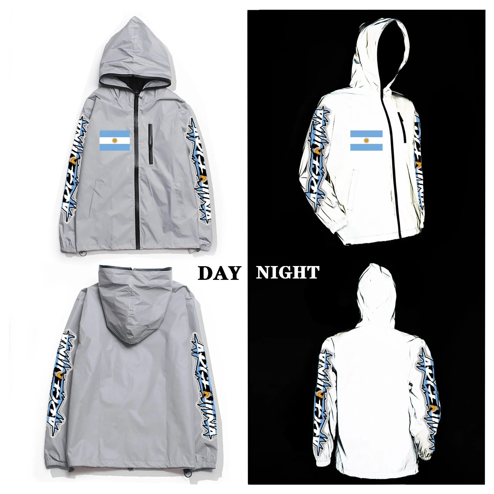 Argentine Flag Reflective Jacket Mens Womens Argentina Coat Hooded Windbreaker Run Jackets Cycling Hiking Zipper Custom Hoodie