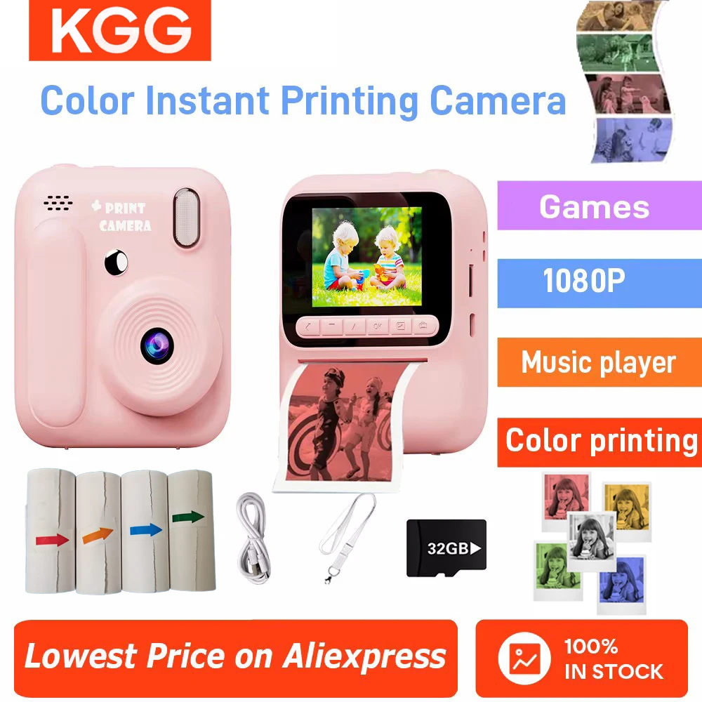 Kids Instant Camera Color Printing Camera 32GB 1080P Thermal Print Toys Camera Print Photo Video Games Music Children Gift