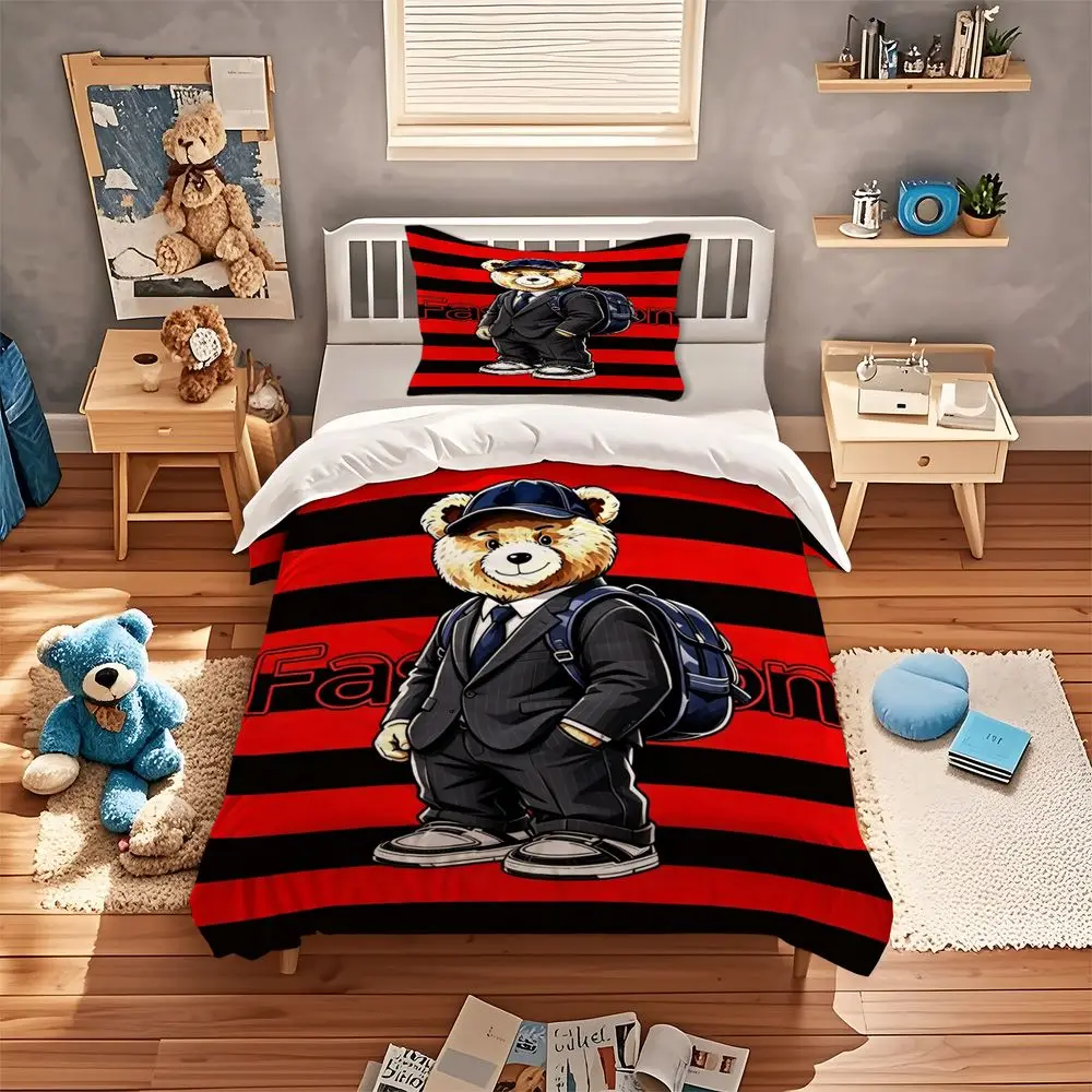 Fashion Suit Bear Stripe Print Duvet Cover Set Comforter Cover Bedding Set No Filler Trendy Male Guest Room Bedding Cover